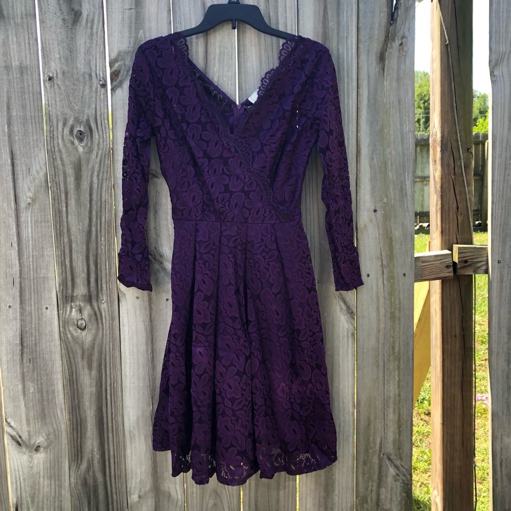 Purple Lace Mini Dress With Sleeves
